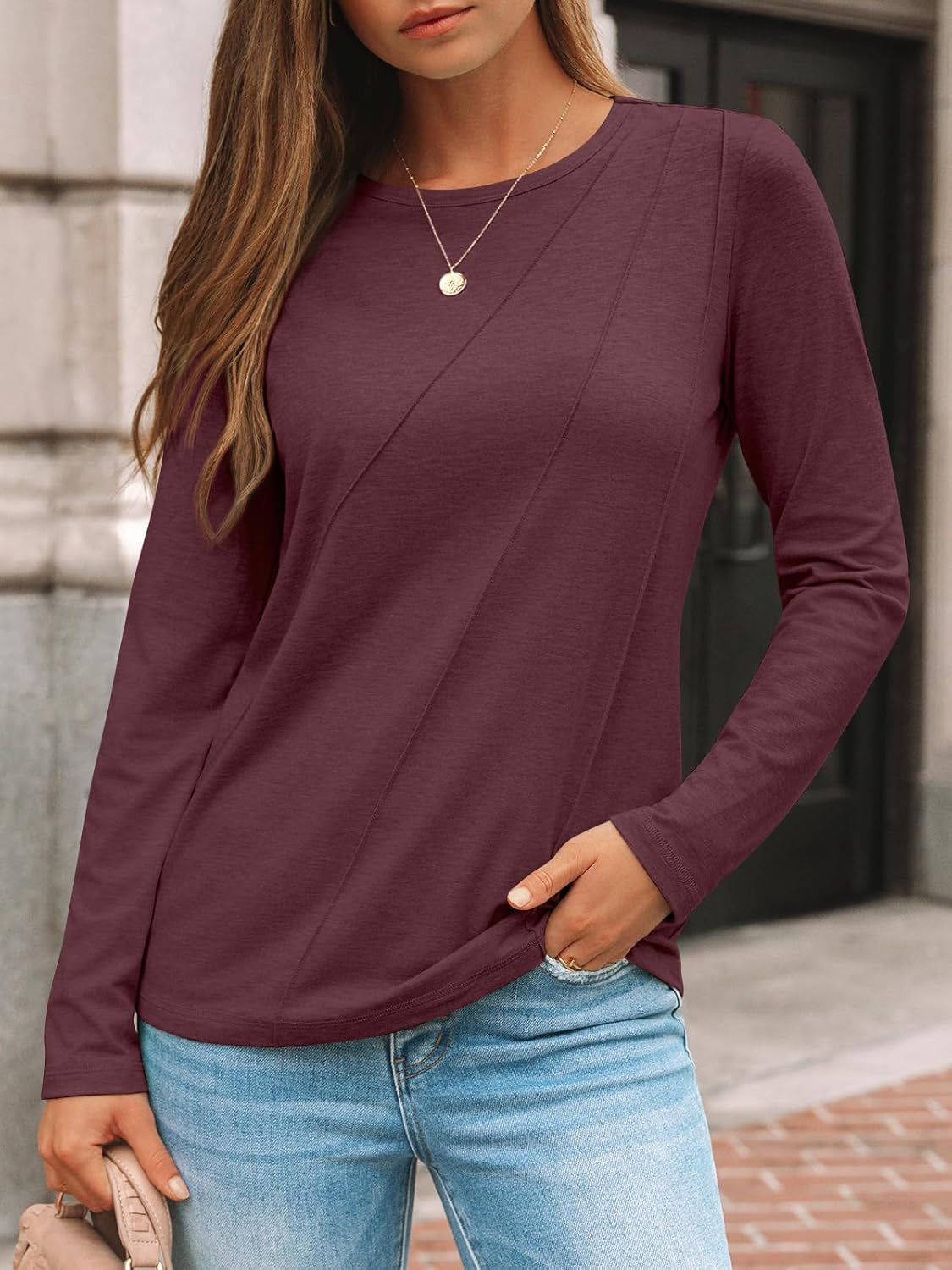 Womens Pleated Long Sleeve Tunic Tops - Loose Fit Crewneck Casual Shirts, Soft Lightweight Everyday Basic Clothes