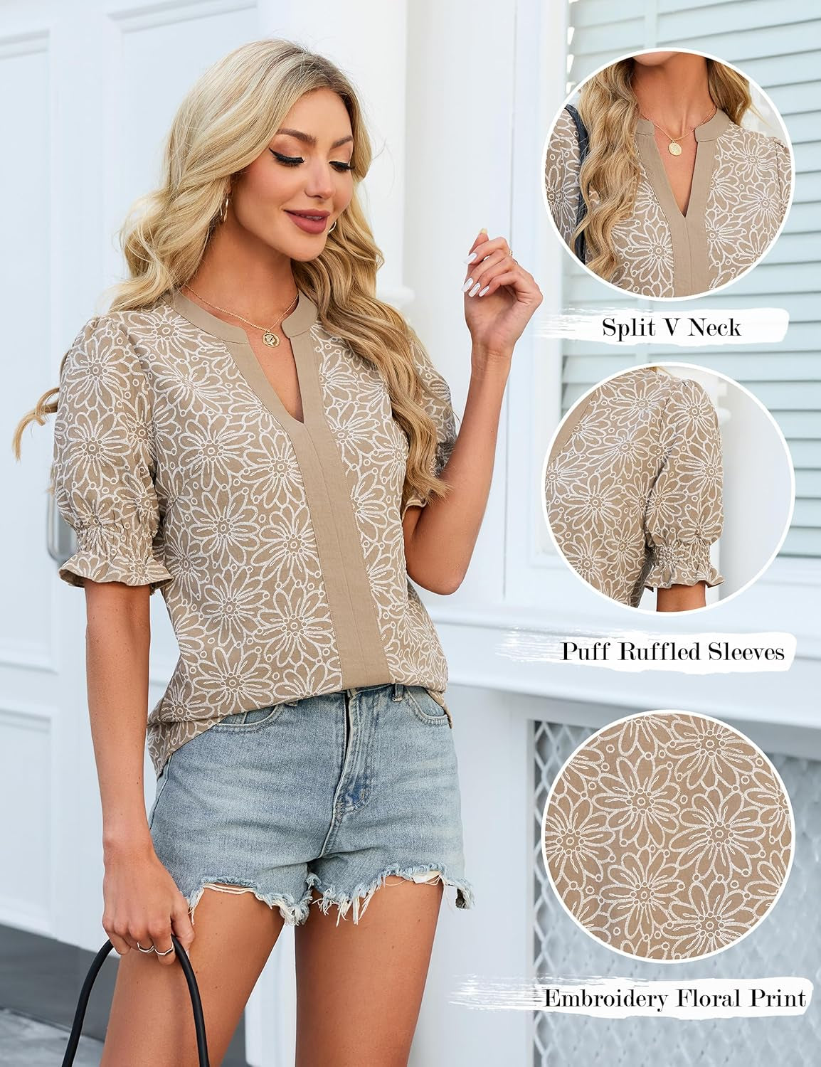 Women Puff Ruffled Sleeves Dressy Casual Blouses Floral Print V Neck Tops Color Blocked Business Work Shirts