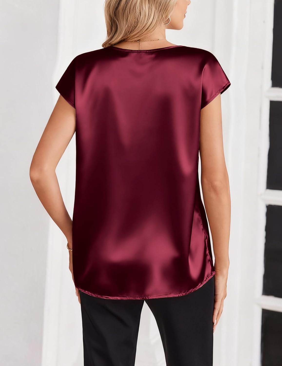 Women Silk Satin Tops Cap Short Sleeve Blouse V Neck Shirts Business Casual Outfits S-2XL