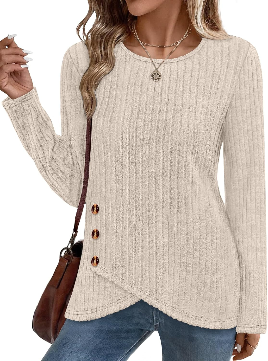 Tunic Sweaters for Women Long Sleeve Shirts Crew Neck Tops with Buttons Fall Fashion Outfits Winter Clothing