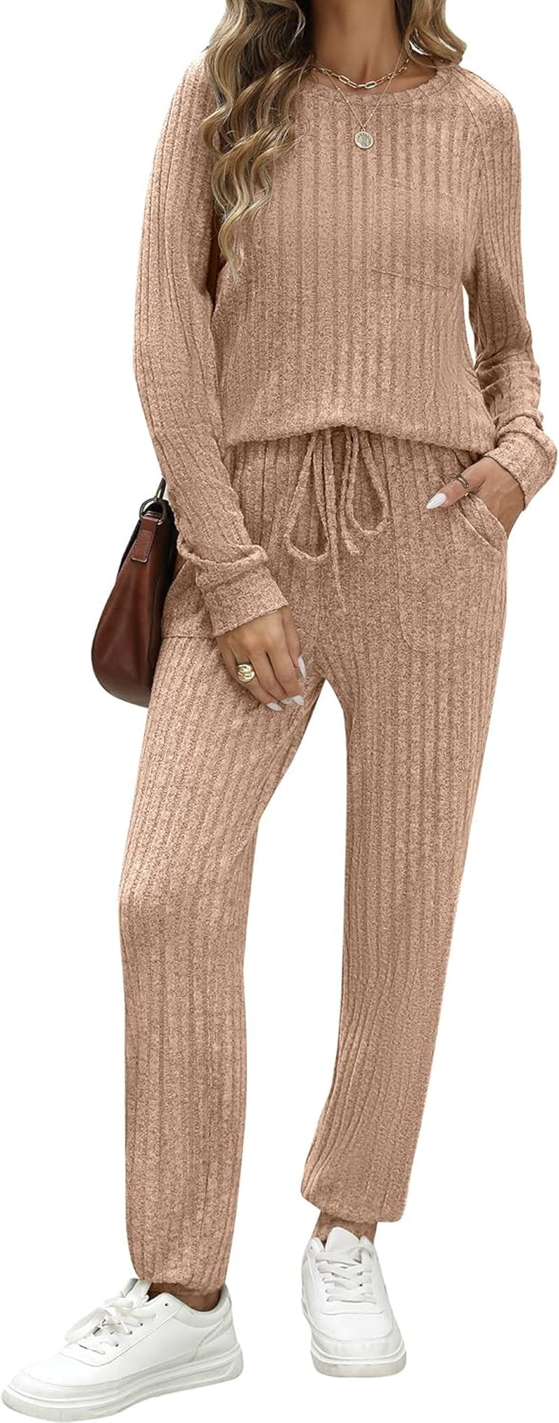 Womens Ribbed Knit Lounge Set 2 Piece Outfits Long Sleeve Pajama Set Loungewear Jogging Sweatsuits