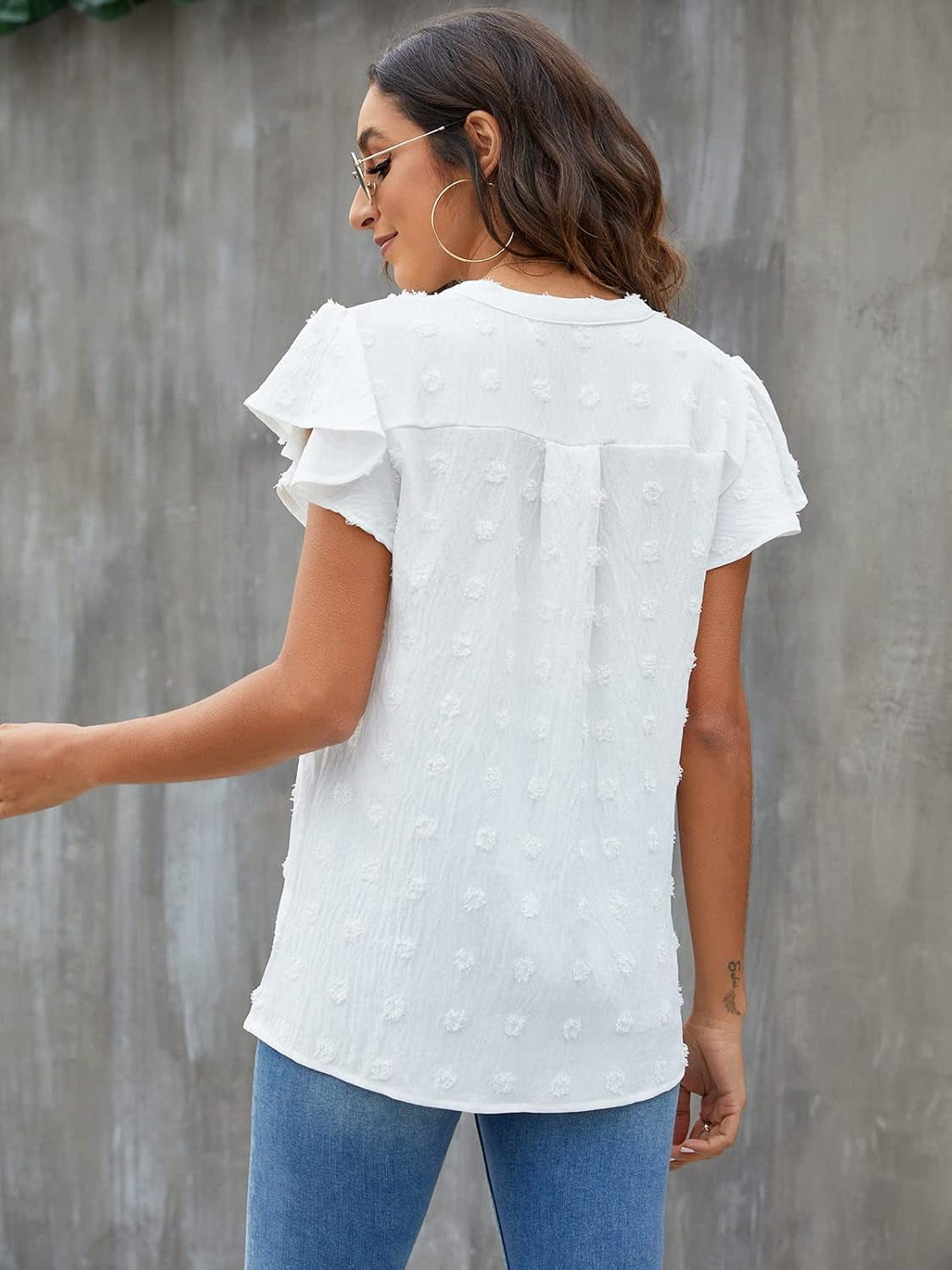 Womens White Blouse V Neck Ruffle Sleeve Flowy Shirts Dressy Casual Cute Summer Tops