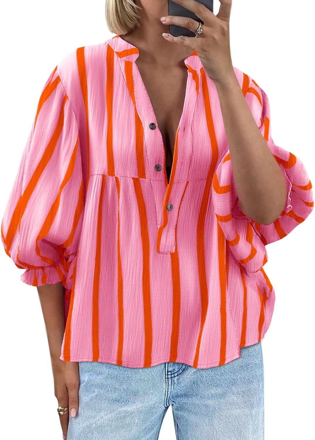 Womens Puff Sleeve Babydoll Tops Summer V Neck Striped Blouse Cute Casual Loose Fit Flowy Shirts