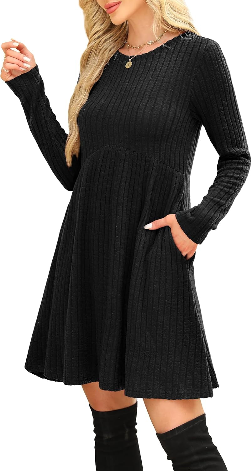 Long Sleeve Dress for Women Crew Neck Empire Waist Tunic Dress with Pockets