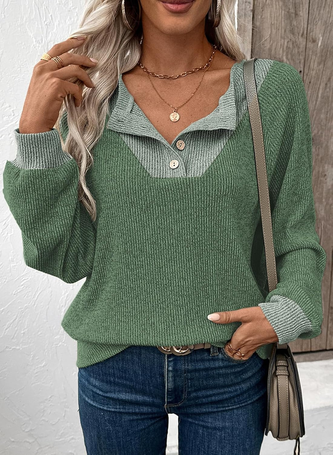 Womens Fall Fashion 2025 Womens Long Sleeve Shirts Patchwork Button up V Neck Sweatshirt Casual Pullover Tops