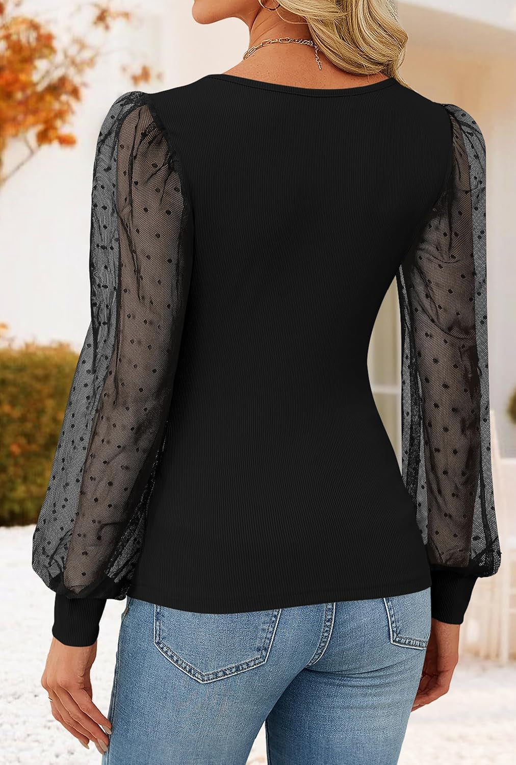 Women'S Mesh Puff Long Sleeve Shirts 2026 Spring Fall V Neck Ribbed Knit Sexy Going Out Tops Casual Work Blouse