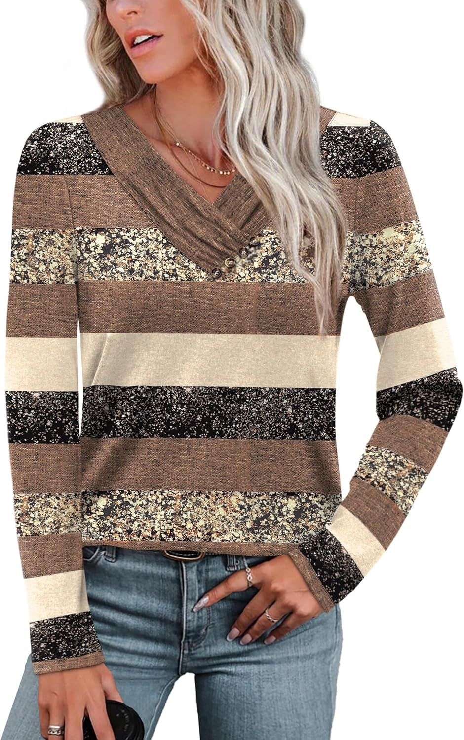 Long Sleeve Shirts for Women Fall Outfits V Neck T Shirts Button down Tunic Tops Fashion Clothing