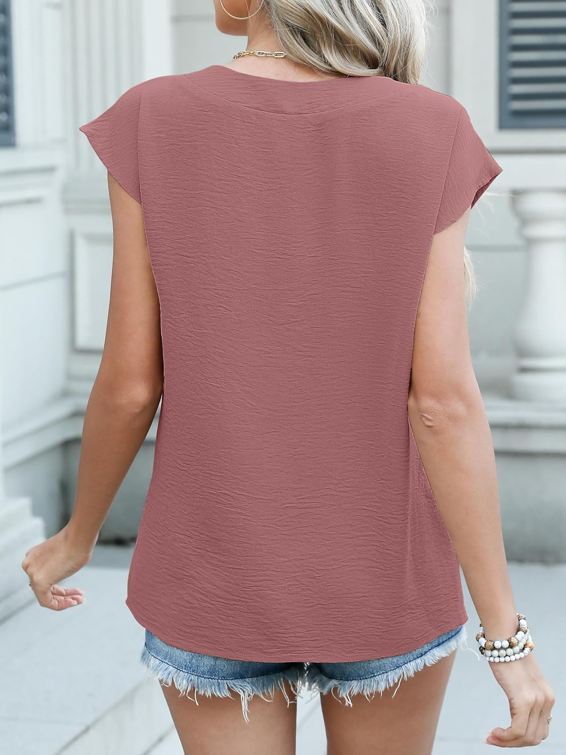 Women Tops Cap Sleeve Textured Dressy Casual V Neck Shirts 2025 Summer Business Work Blouses Outfits