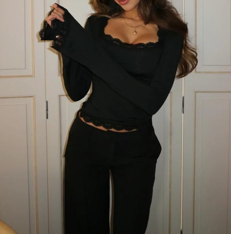 Women Square Neck Lace Long Sleeve Top Y2K Lace Trim Slim Fit Basic Blouse Casual Fall Going Out Trendy Shirts