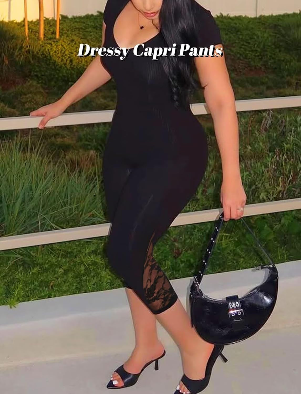 Womens Capri Leggings Sexy Lace Pants Mesh Cropped 3/4 Knee Length Dressy Going Out Bottoms