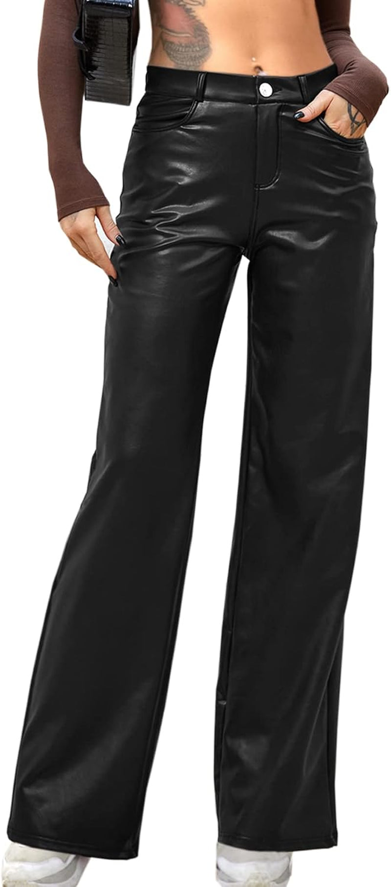 Women Faux Leather Pants PU High Waist Straight Leg Pant with Pockets Leather Leggings Bell Bottom Flare Pants