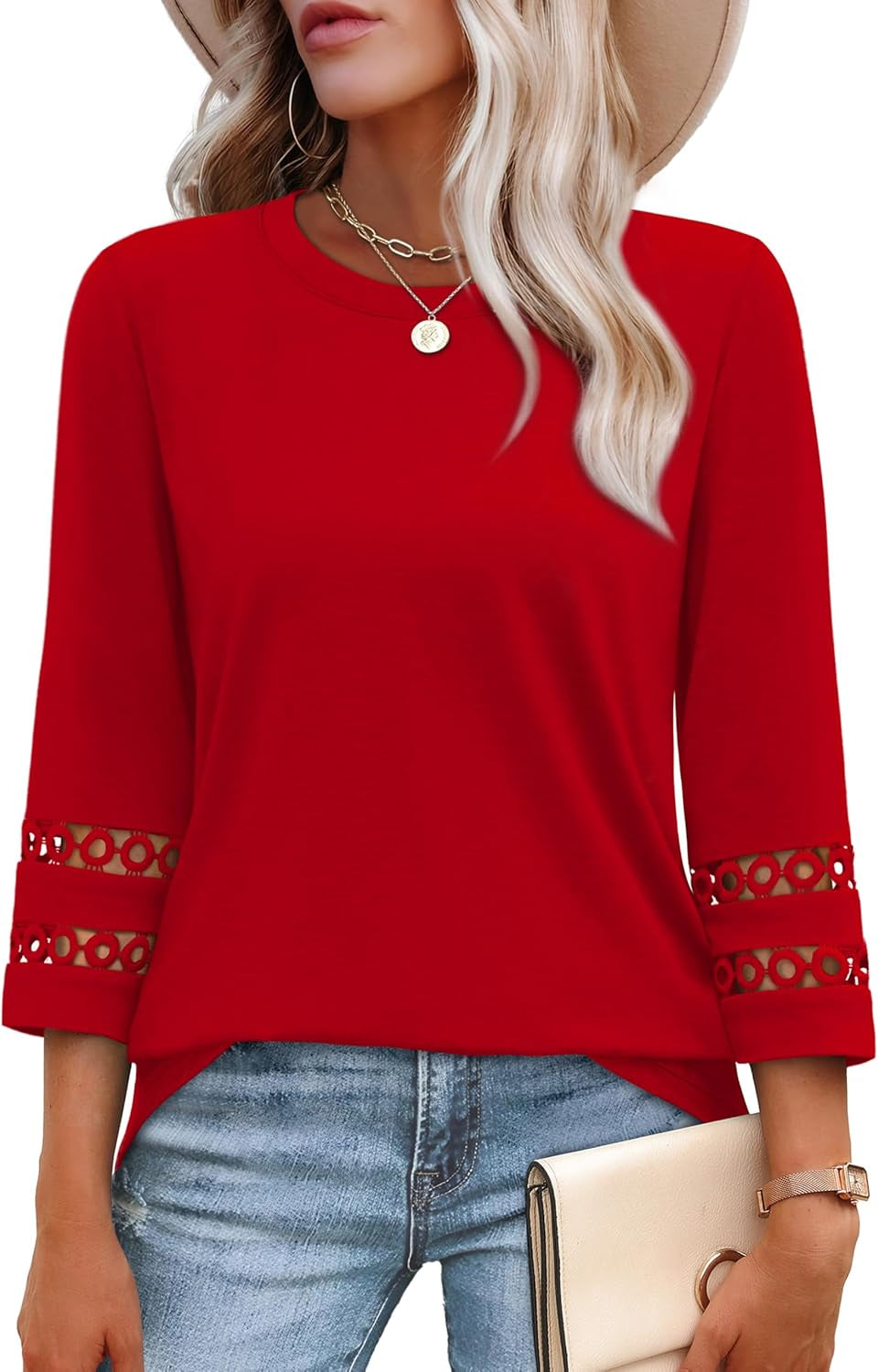 3/4 Length Sleeve Womens Tops and Blouses Dressy Casual Crewneck T Shirts Fashion Clothes Loose Fit Trendy