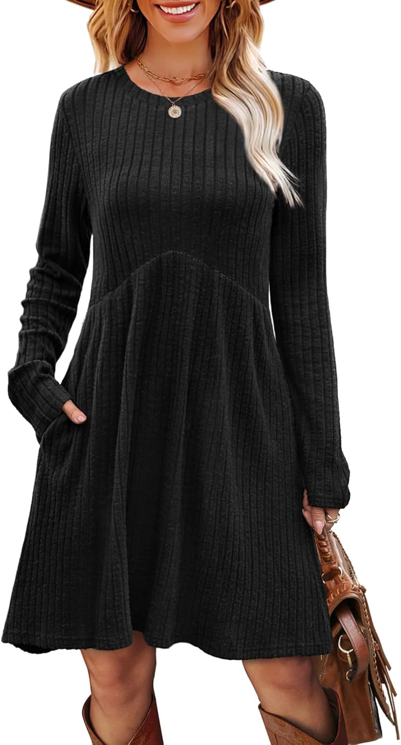 Long Sleeve Dress for Women Crew Neck Empire Waist Tunic Dress with Pockets