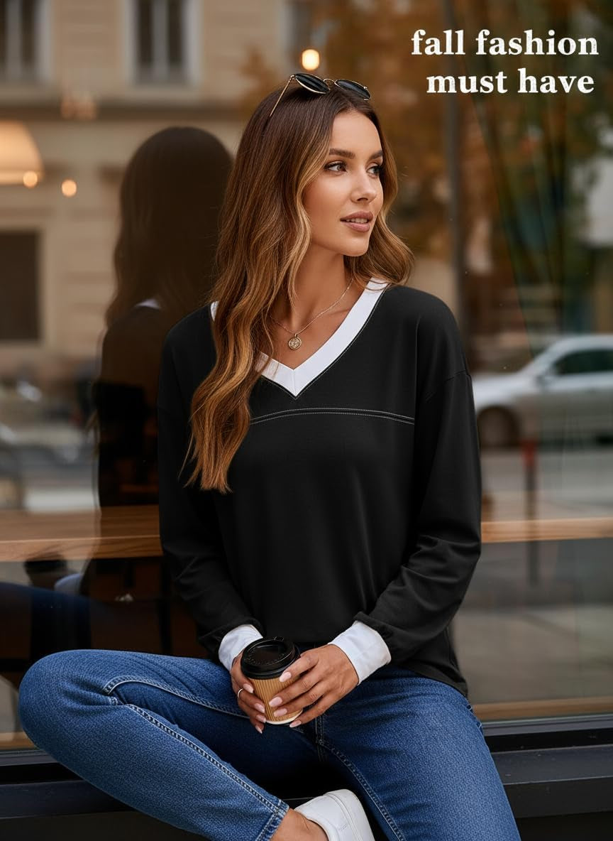 Long Sleeve Shirts for Women Tops V Neck Casual Top Comfortable Shirt Soft Women Blouses Basic Tees