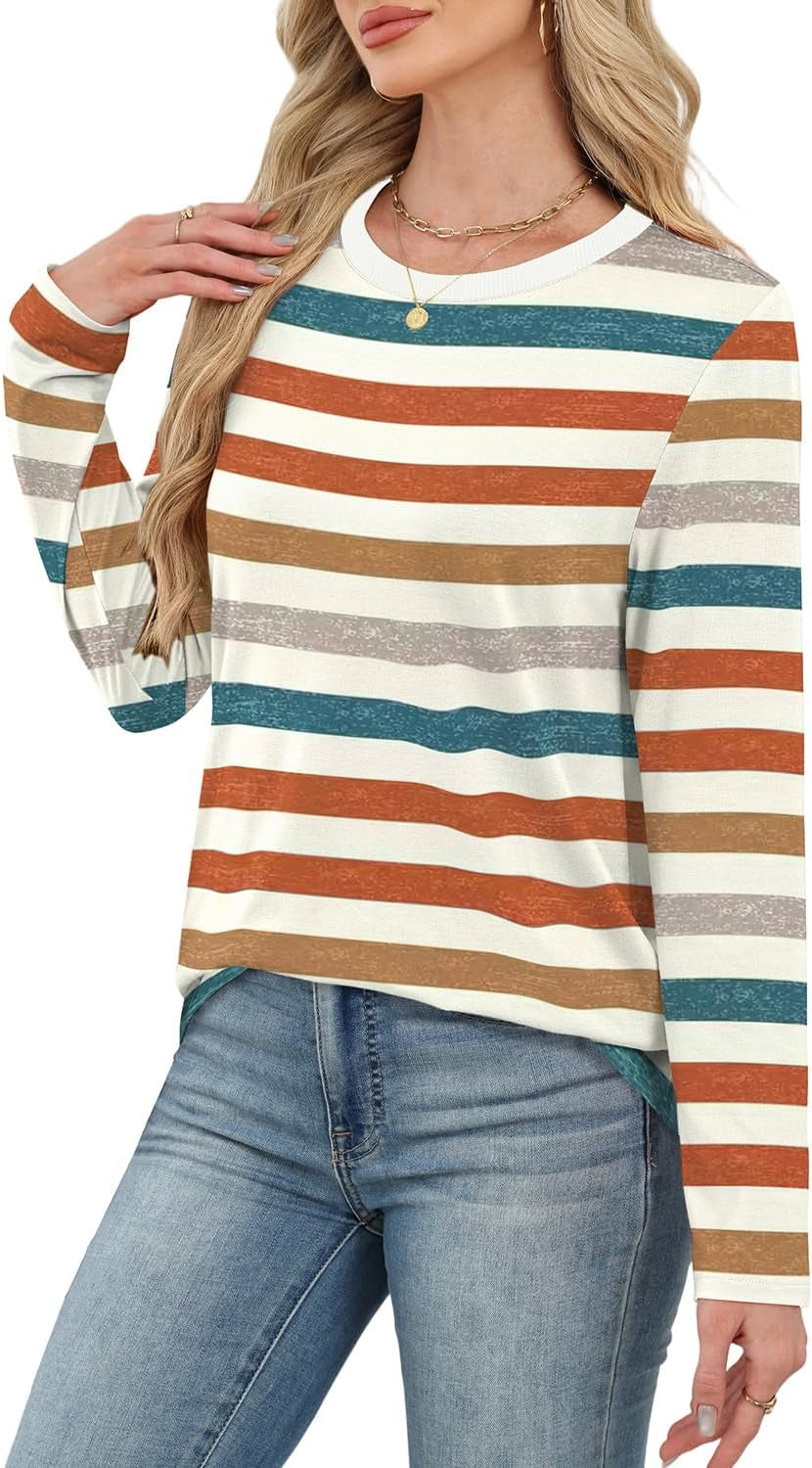 Womens Striped Long Sleeve Shirts Fall Outfits 2025 Color Block Tops Fashion Clothing Ribbed Crewneck Tee Blouses