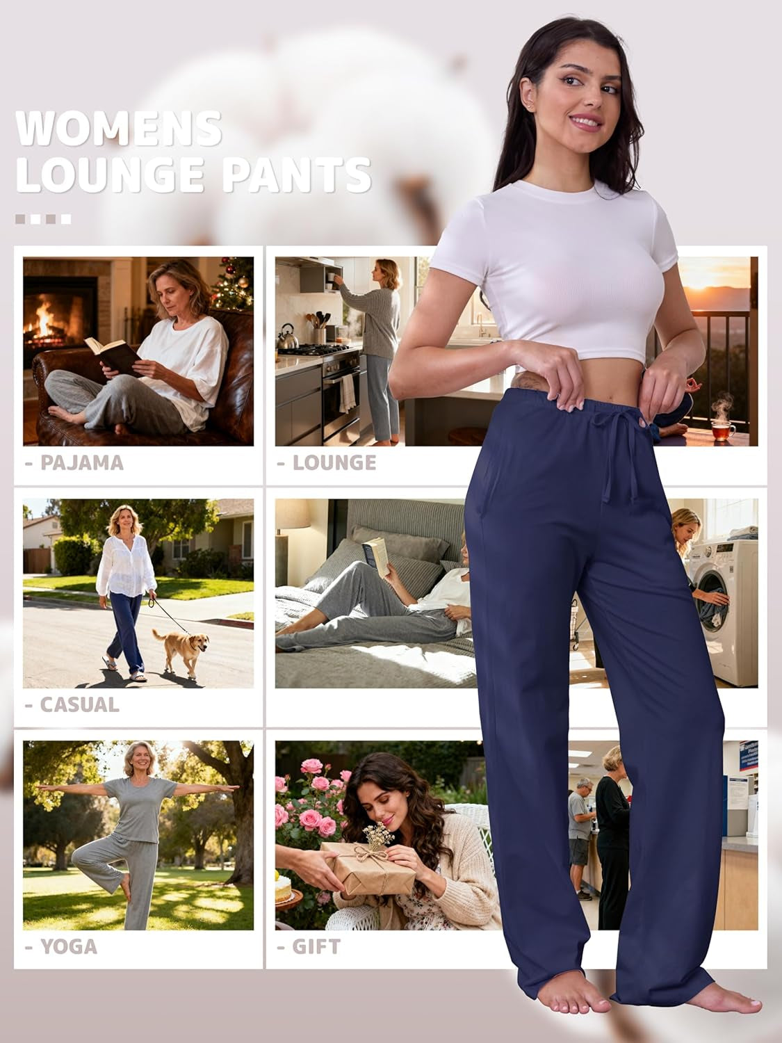 3 Pack Womens Cotton Pajama Pants Lightweight Soft Loose Casual Lounge Pants Pajama Bottoms PJ Sleepwear with Pockets