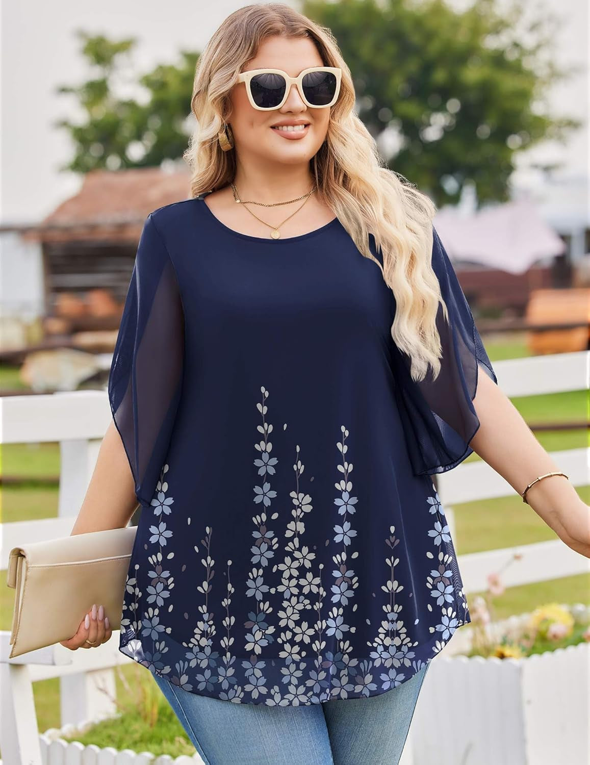 plus Size 3/4 Sleeve Women Tops Dressy Casual Double Layers Mesh Blouses Loose Fit Flowy Shirts