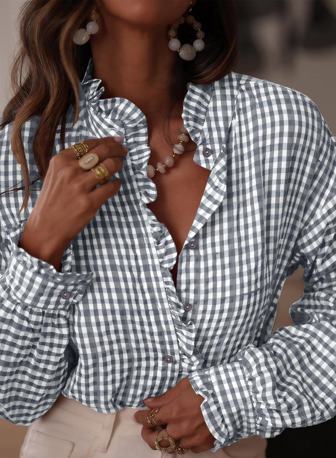Womens Plaid Ruffle V Neck Button down Blouse Casual Long Sleeve Gingham Trendy Tops Work Checkered Shirt