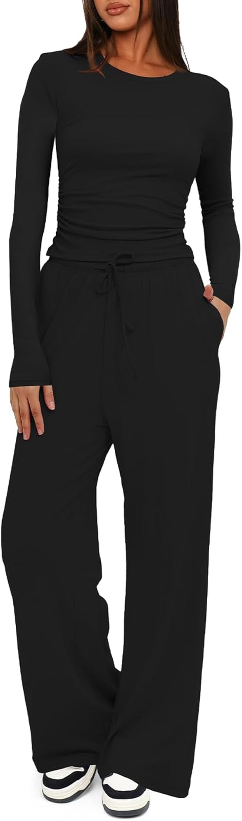 Women'S 2 Piece Outfits Lounge Sets 2026 Long Sleeve Tops Wide Leg Pants Casual Matching Set