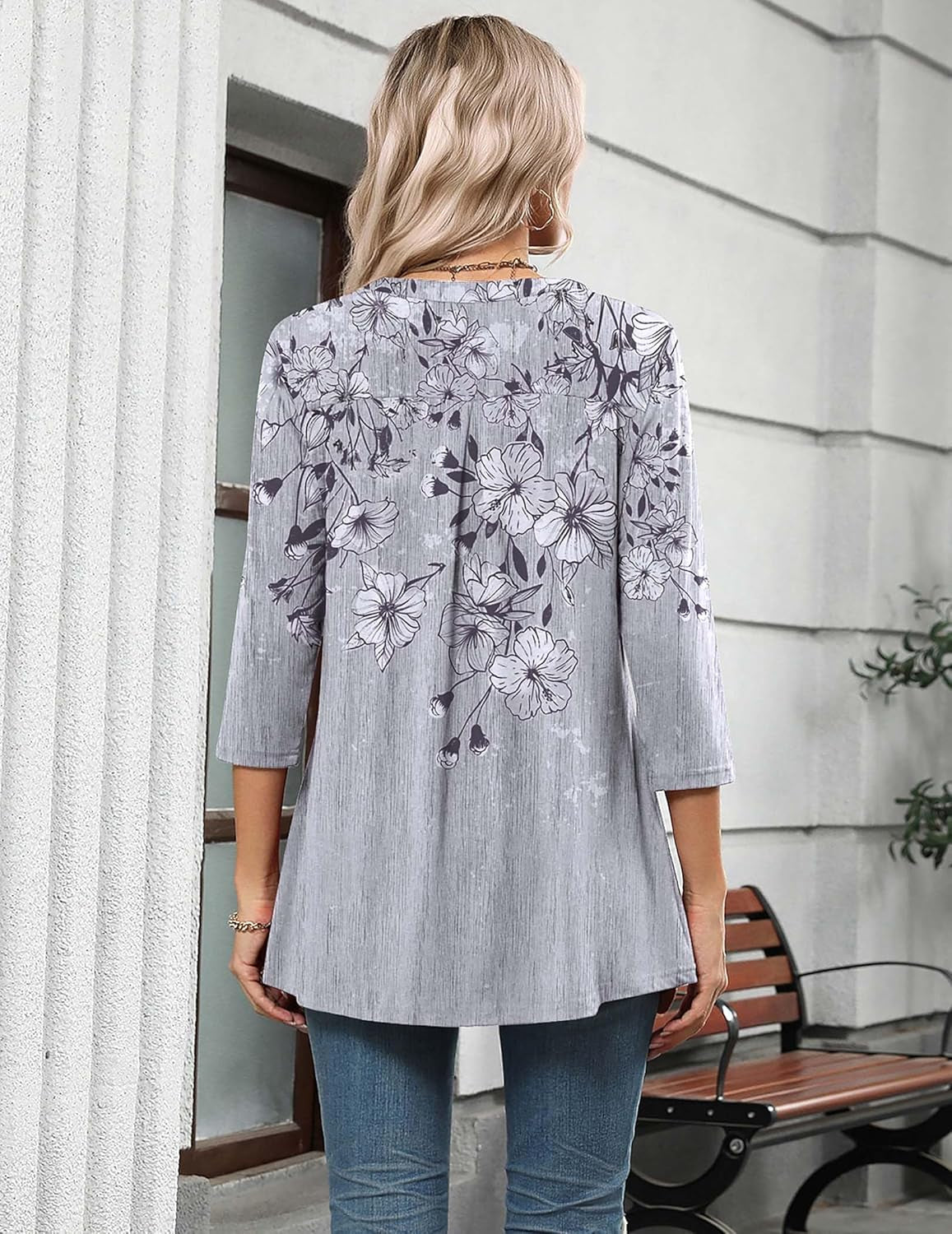 Womens 3/4 Length Sleeve Tops V Neck Tunic Casual Dressy Blouse Floral Printed Shirts