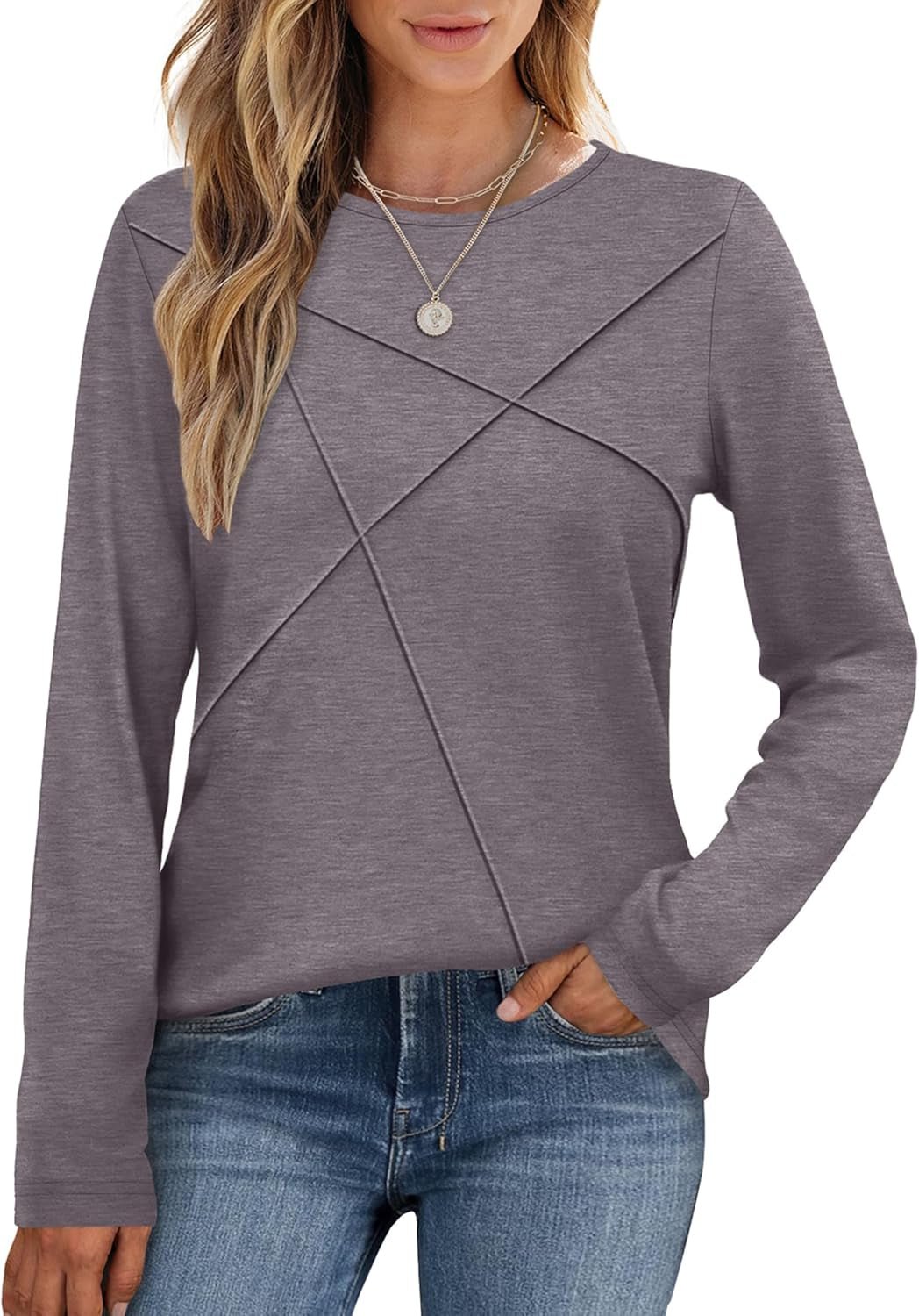 Long Sleeve Shirts for Women Business Casual Tops Trendy Crewneck Fall T Shirts Pleated Loose Fit