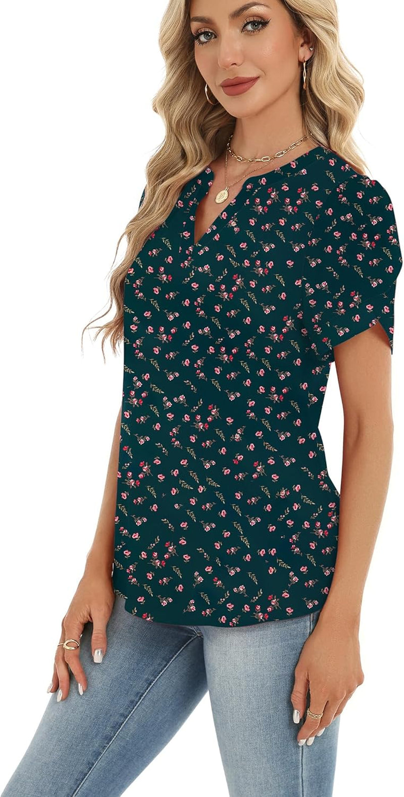 Womens Dressy Casual Shirts Short Sleeve V Neck Work Blouse Business Casual Summer Chiffon Tops