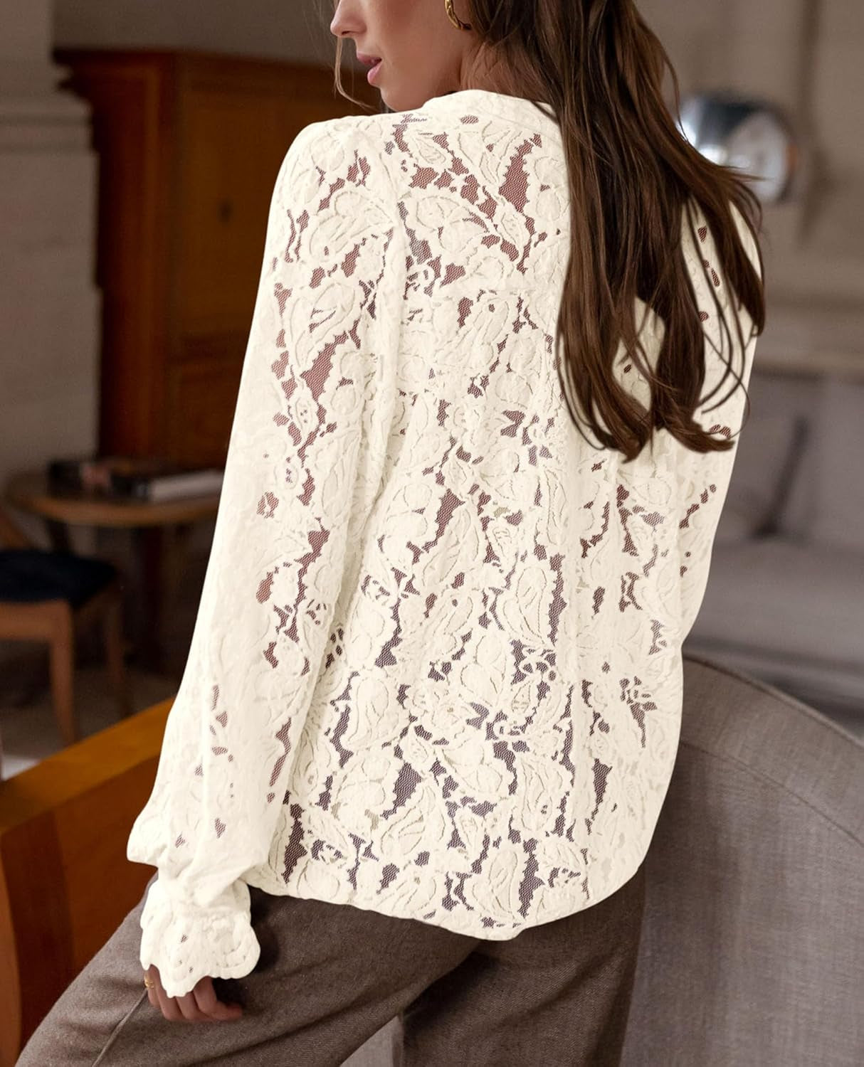 Women'S Dressy Casual Lace Blouse Long Sleeve Button up Shirts Tops Spring Fall Fashion Clothes