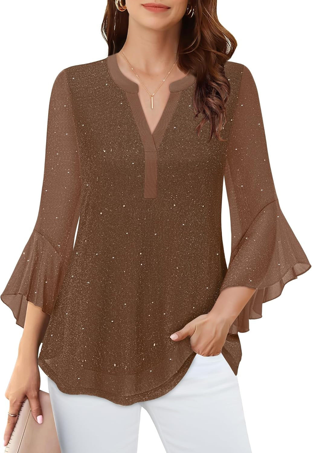 Women'S 3/4 Sleeve Dressy Tops Elegant V Neck Blouse for Women Casual Work Evening Party