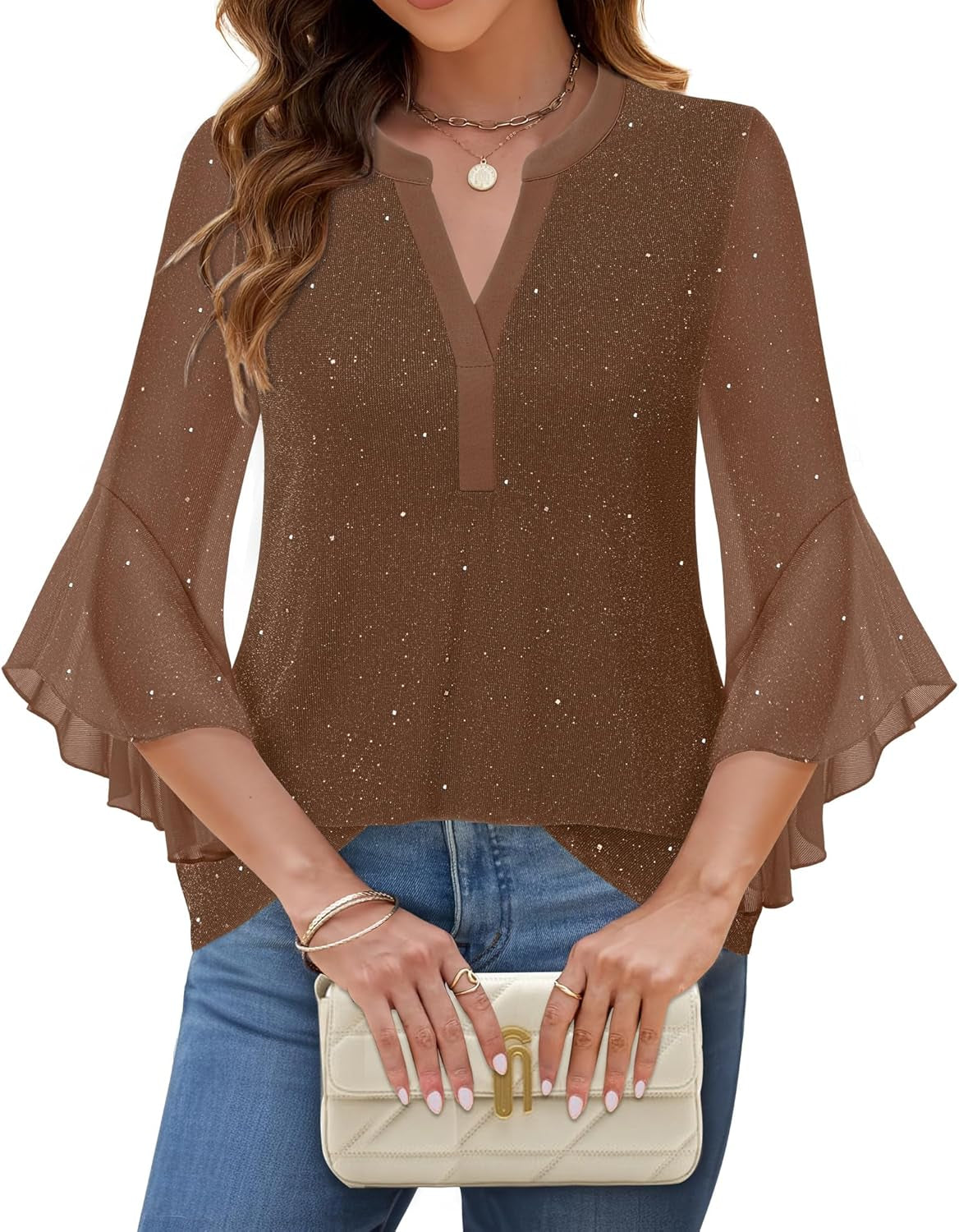 Women'S 3/4 Sleeve Dressy Tops Elegant V Neck Blouse for Women Casual Work Evening Party