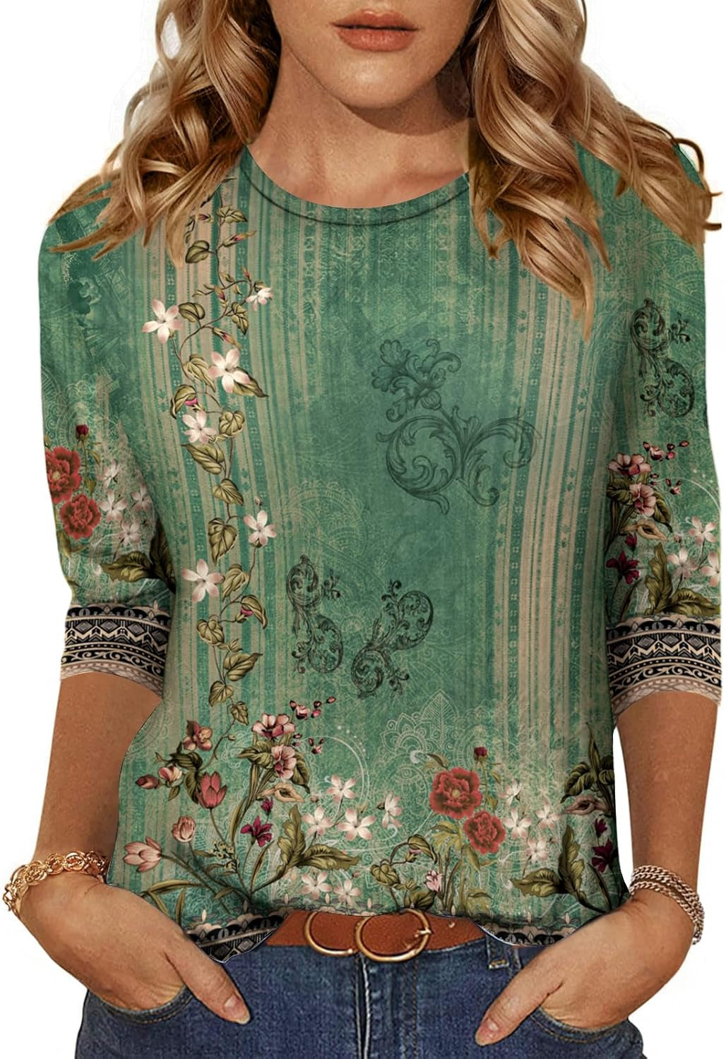 Women'S Casual 3/4 Sleeve T-Shirts round Neck Cute Tunic Tops Basic Tees Blouses Business Work Tee Top