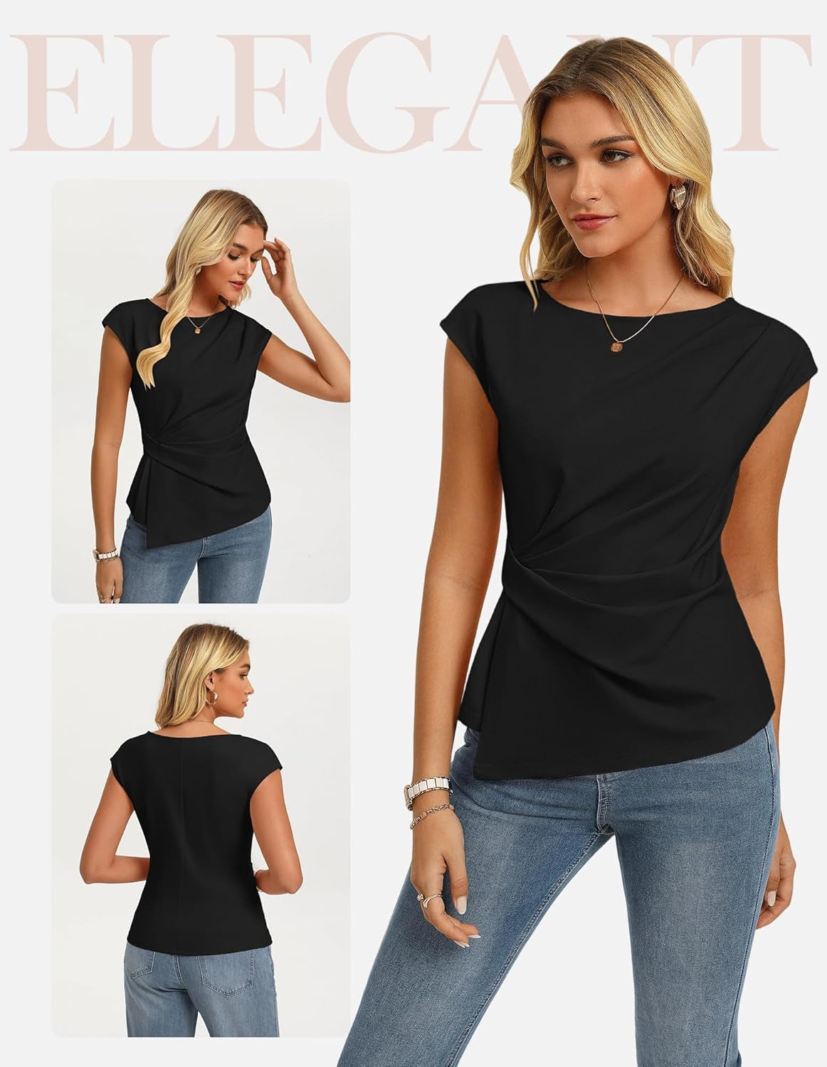 Womens 2025 Spring Short Sleeve Tops, Dressy Casual Crew Neck Peplum Shirts, Trendy Tunic Blouses with Knot
