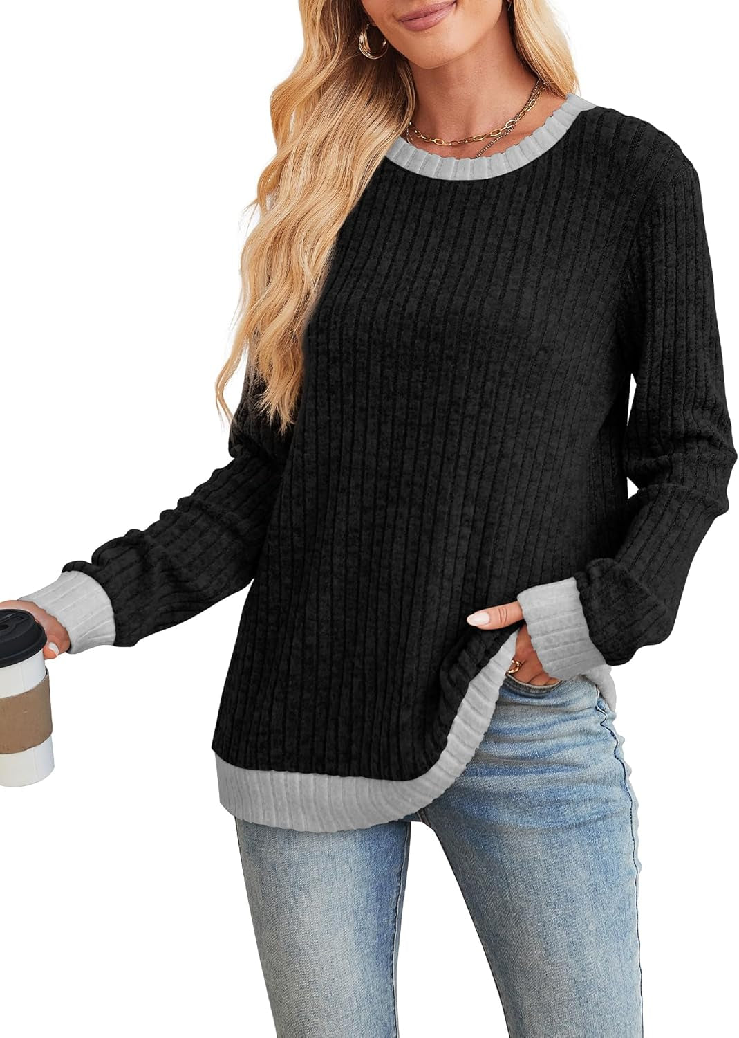 Womens Tops Long Sleeve Shirts Lightweight Sweaters Loose Fit Crewneck Color Block Fall Fashion Outfits