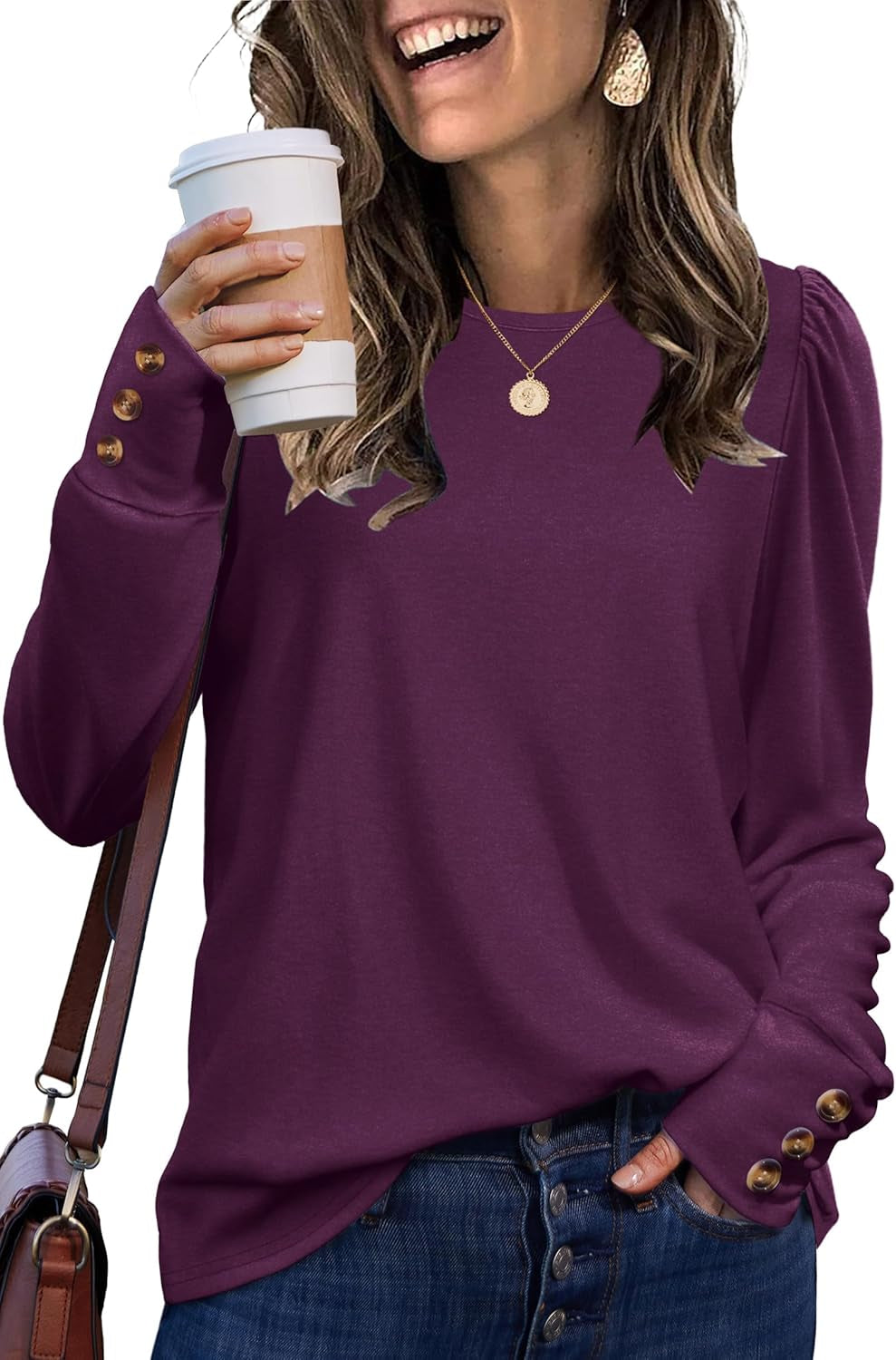 Long Sleeve Shirts for Women Blouses Dressy Casual Womens Sweaters Puff Sleeve Fashion Clothing Tops with Buttons