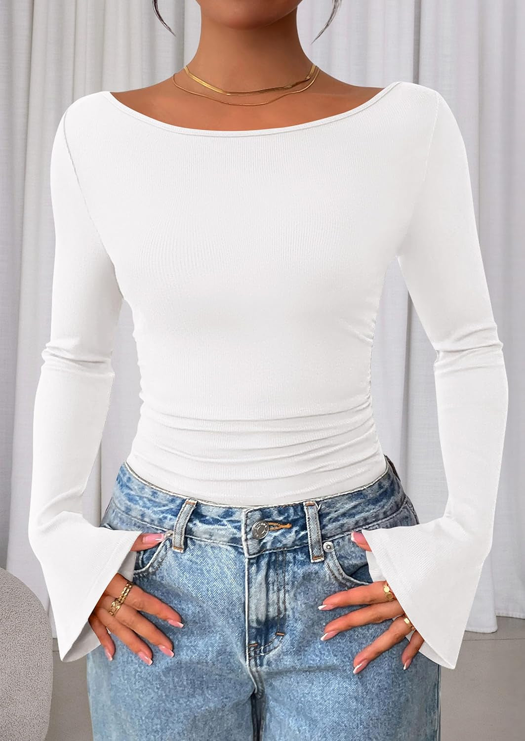 Womens Long Sleeve Shirts 2026 Spring Crop Going Out Tops Casual Boat Neck Bell Sleeve Ribbed Ruched Y2K Clothes