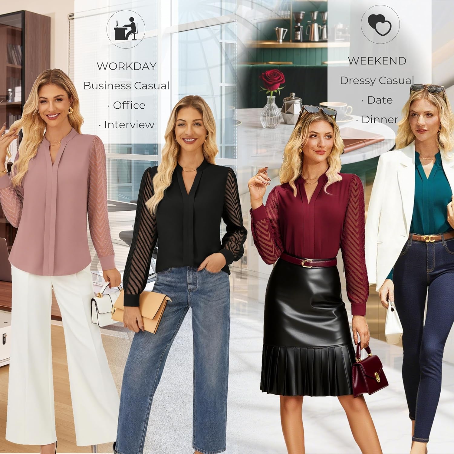 Women Business Casual Tops Sheer Lace Long Sleeve Blouses Work Office Pleated V Neck Shirt Fall Formal Outfits