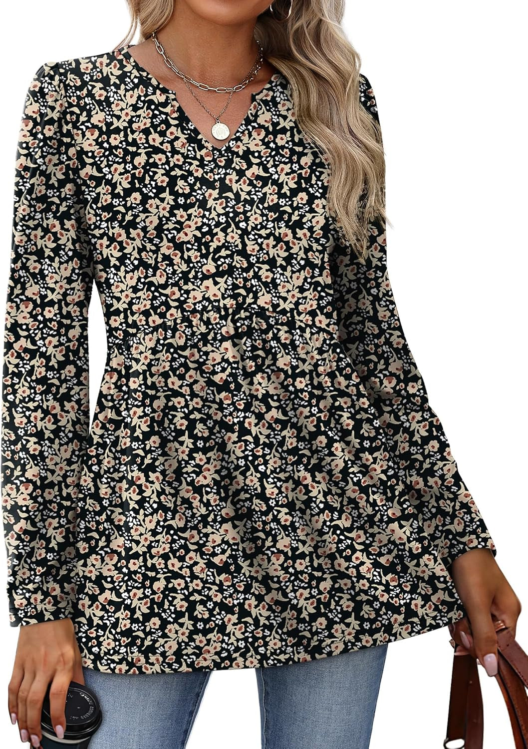 Womens Tops Long Sleeve Fall Shirts Babydoll Peplum Tops for Women V Neck Tunic Dressy Casual Blouses