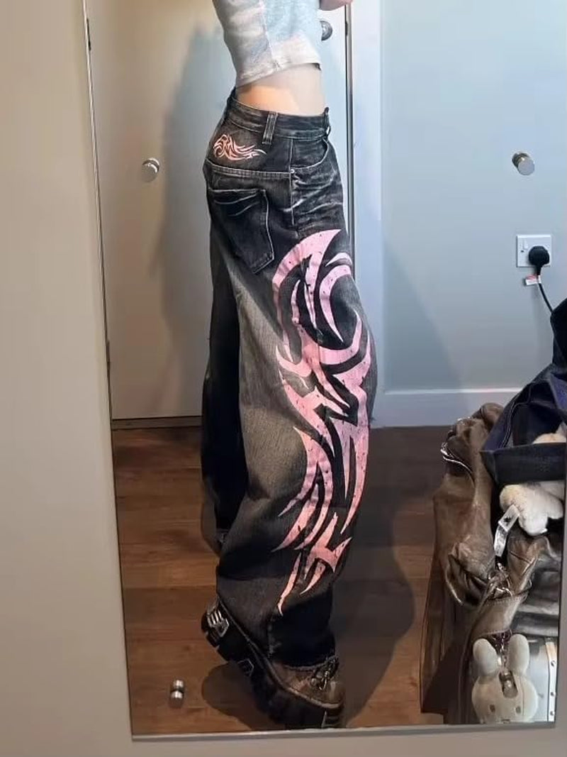 Unisex Y2K Streetwear Baggy Jeans Retro Totem Print Goth Pants High Waisted Wide Leg Harajuku Hip-Hop Style