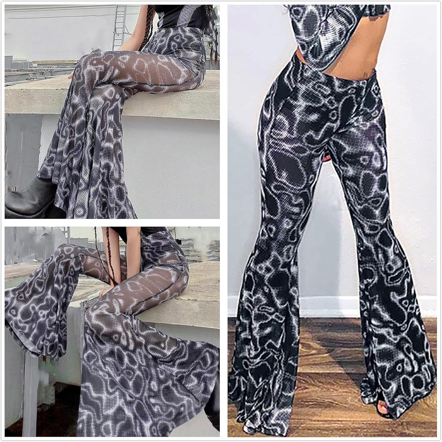 Women’S High Waist Rave Mesh Sheer Pants Flared Bell Bottom Pants for Rave Festival Dance Clubwear