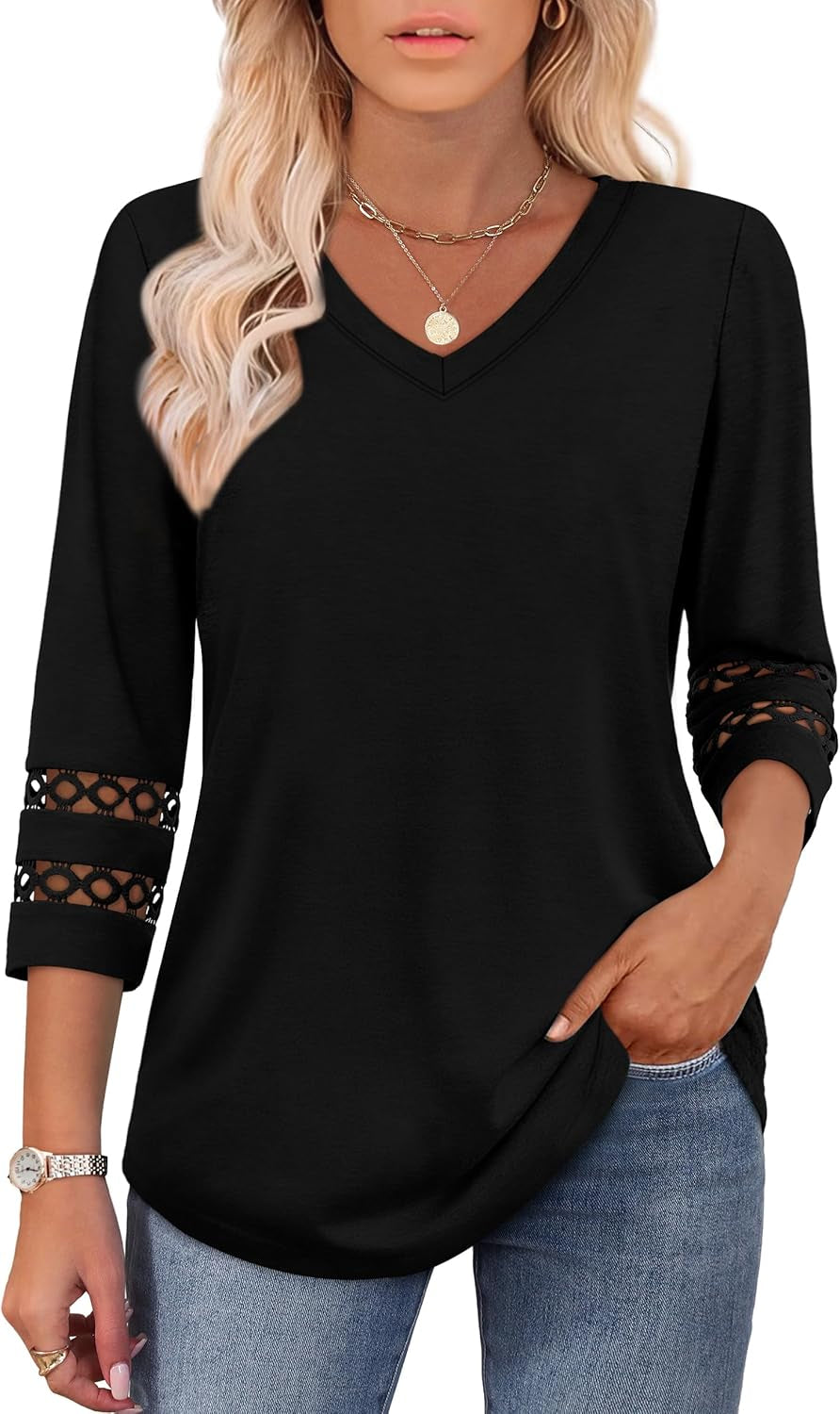 3/4 Length Sleeve Womens Tops Dressy Casual Blouses for Women 2025 Trendy V Neck T Shirts Summer Clothes