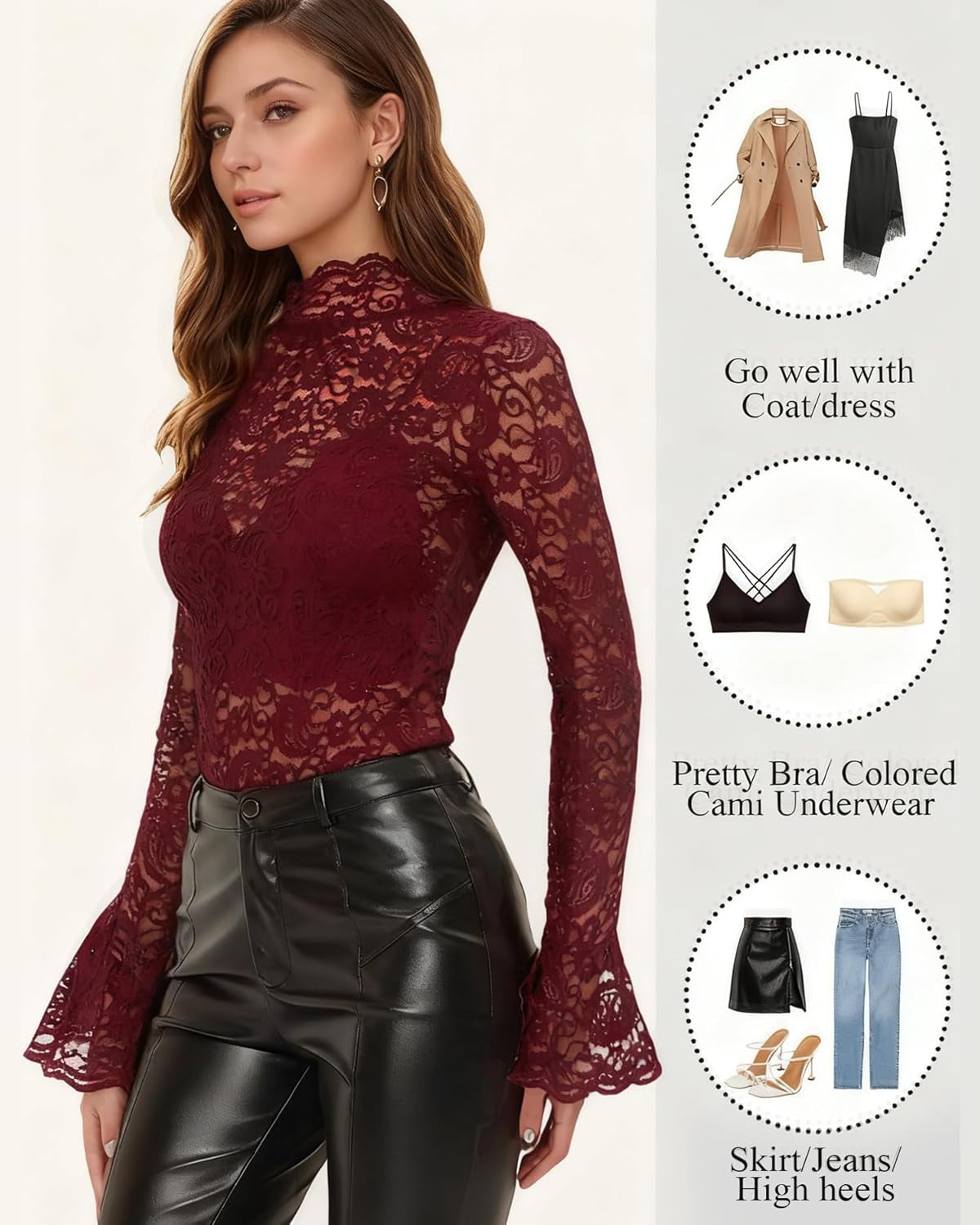 Women'S Long Sleeve Lace Mesh Tops High Neck Sheer Blouse Sexy Floral Going Out Top