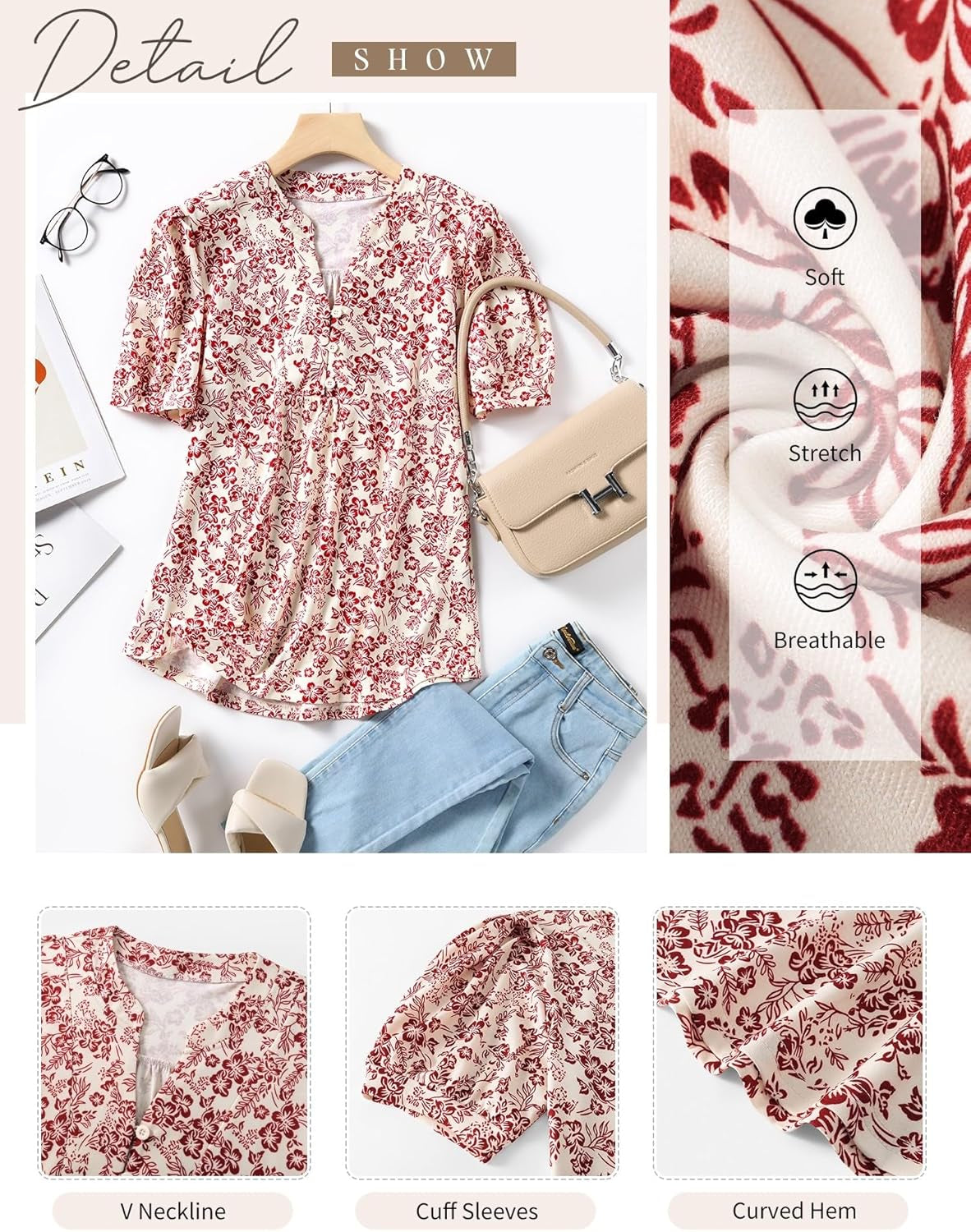 Womens Tops Puff Short Sleeve Shirts Dressy Casual Henley V-Neck Summer Tops Pleated T-Shirts Loose Fit Tunic Blouses