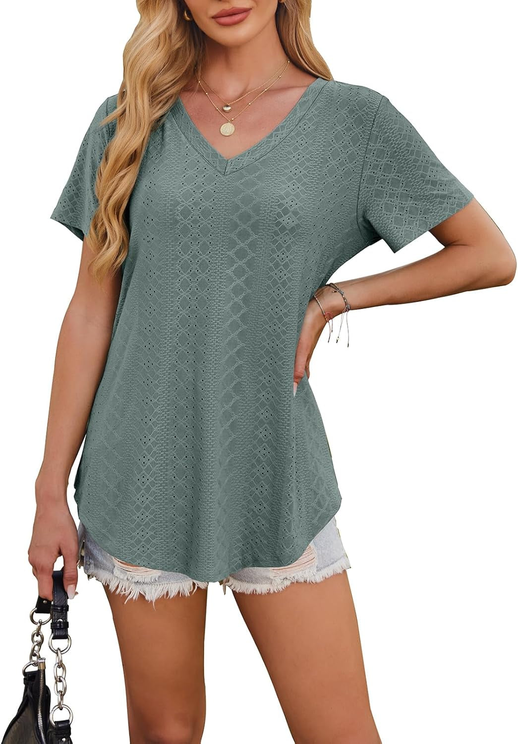 Womens T Shirts V Neck Short Sleeve Casual Tops Loose Fit Basic Tees with Curved Hem