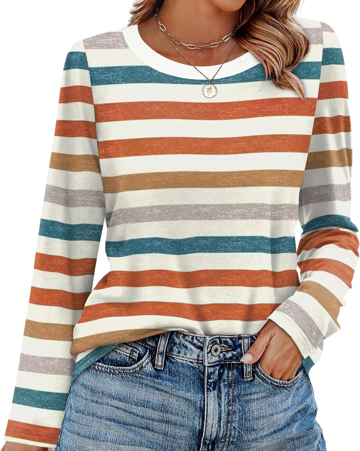 Womens Striped Long Sleeve Shirts Fall Outfits 2025 Color Block Tops Fashion Clothing Ribbed Crewneck Tee Blouses