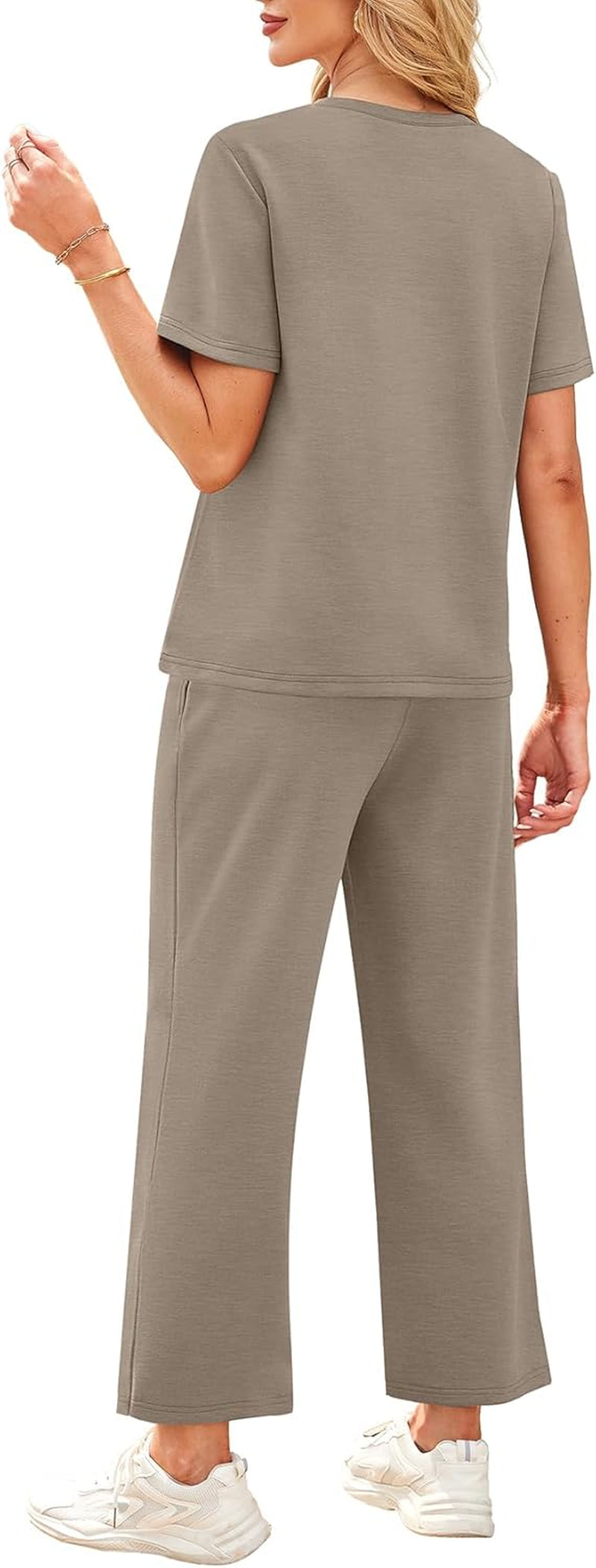 2 Piece Sets for Women Casual Summer Travel Vacation Outfits Short Sleeve Wide Leg Crop Pants Lounge Sets