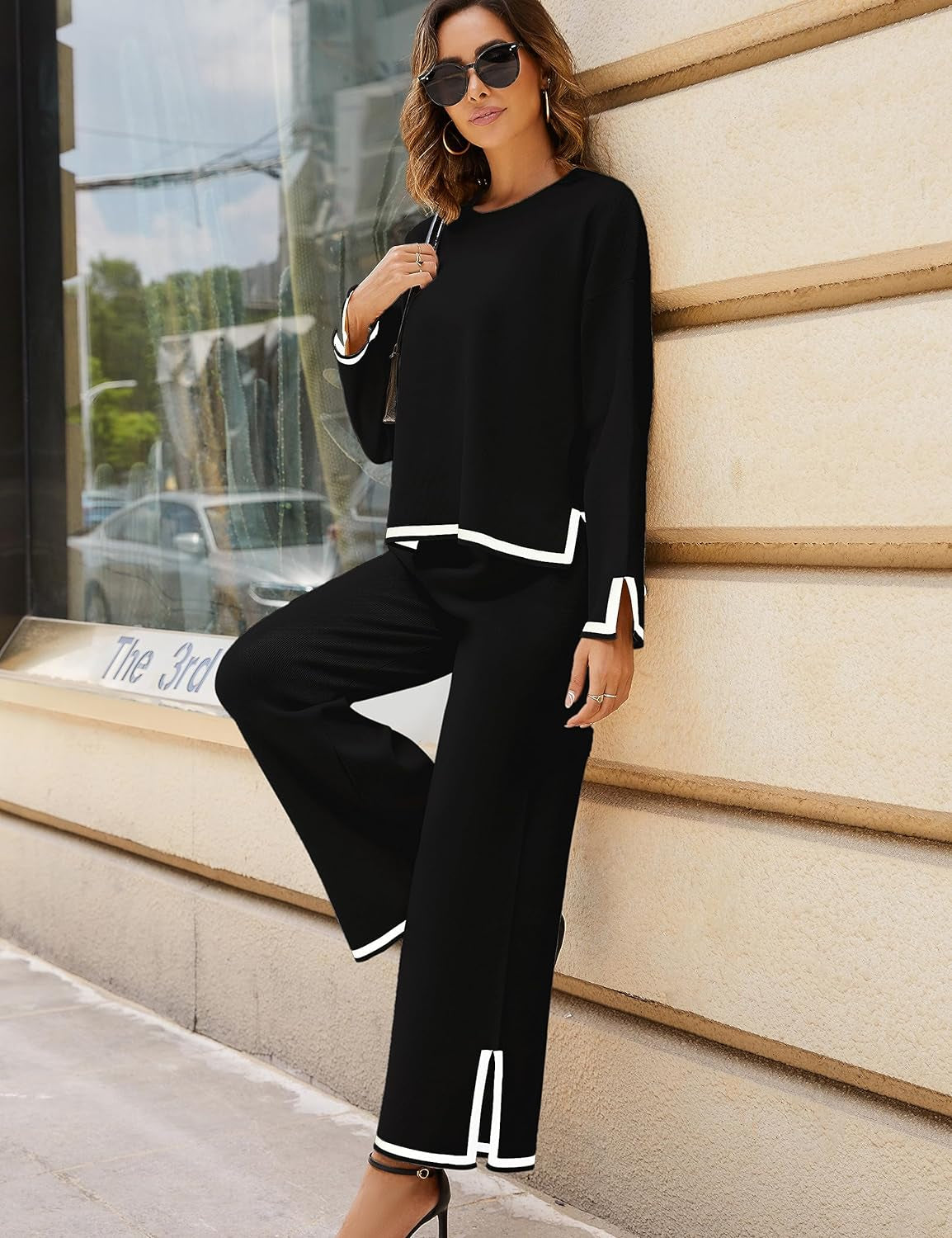Women'S 2 Piece Outfits Long Sleeve Knit Sweater Top Wide Leg Pants Lounge Sets Tracksuits