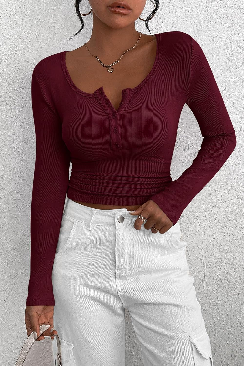Women'S 2026 Fall Long Sleeve Henley T Shirts Button Ribbed Knit Slim Fit Basic Tops Blouse Casual Outfits