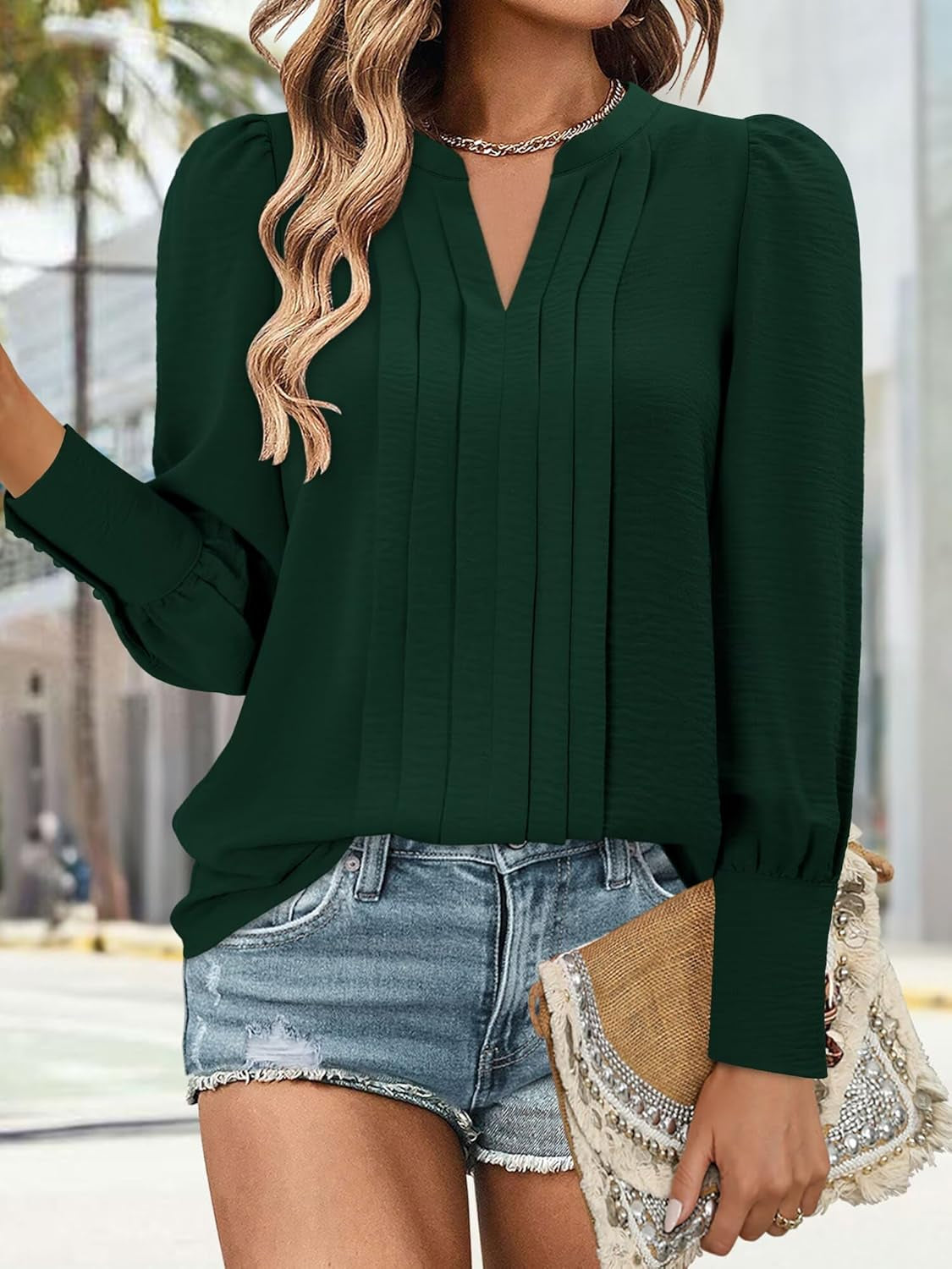 Puff Long Sleeve Shirts for Women Dressy Casual Fall Fashion Pleated Solid Color Blouse Fitted Mock Neck Tops