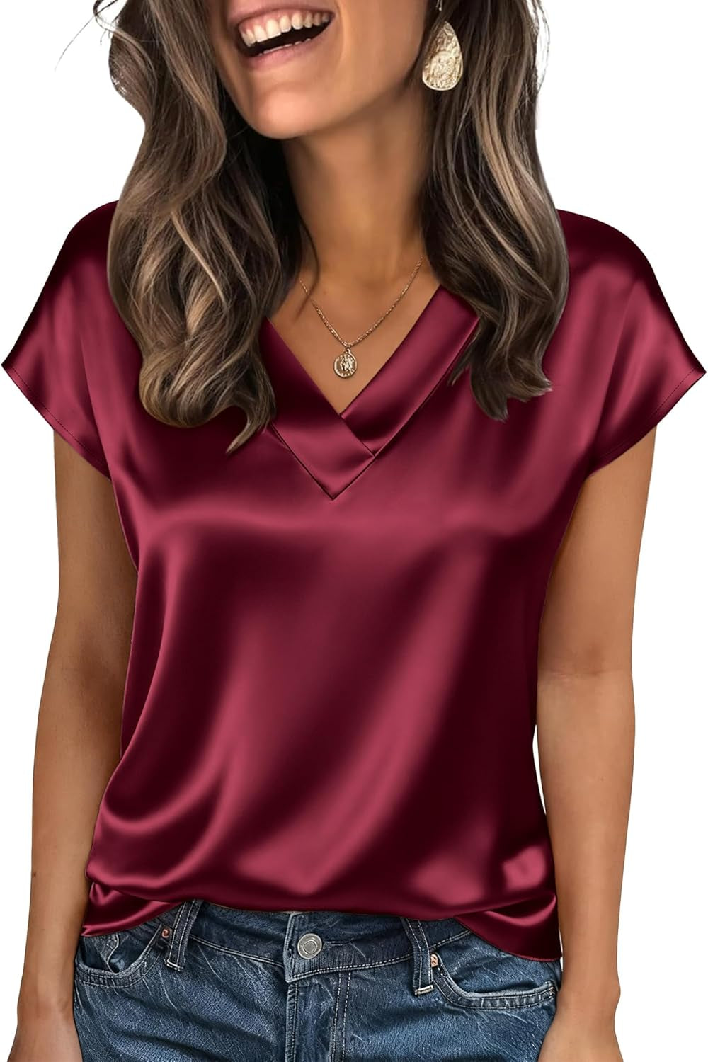 Women Silk Satin Tops Cap Short Sleeve Blouse V Neck Shirts Business Casual Outfits S-2XL