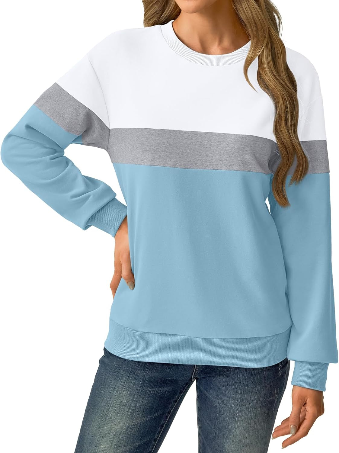 Womens Sweatshirts Cotton Crewneck Tops Long Sleeve Cute Lightweight Fall Winter Loose Casual Pullover with Pockets