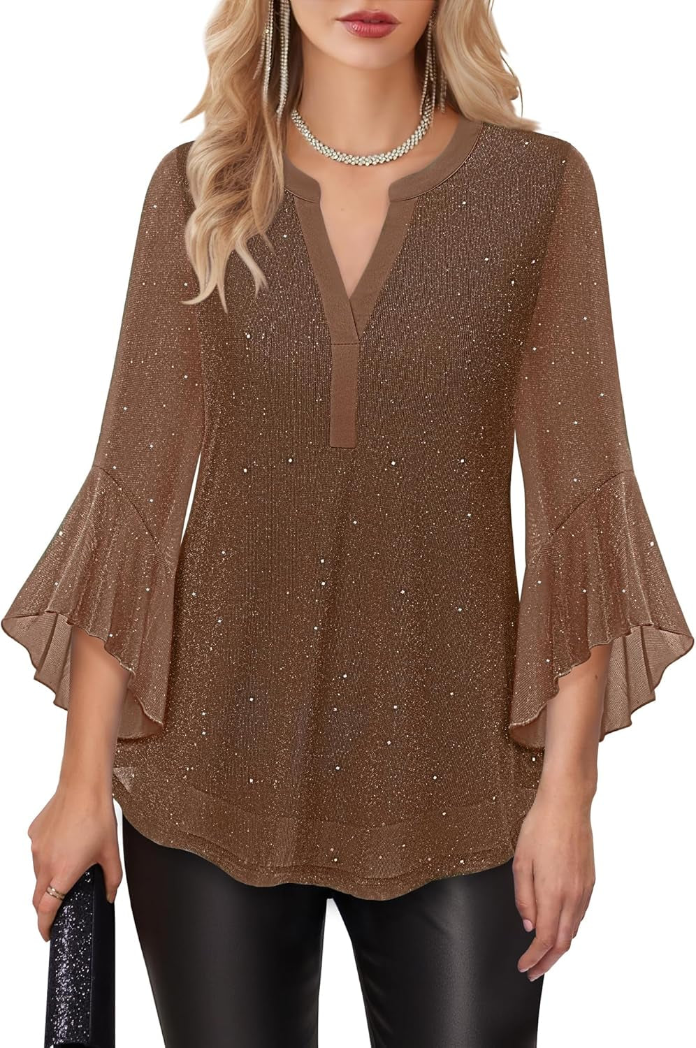 Women'S 3/4 Sleeve Dressy Tops Elegant V Neck Blouse for Women Casual Work Evening Party